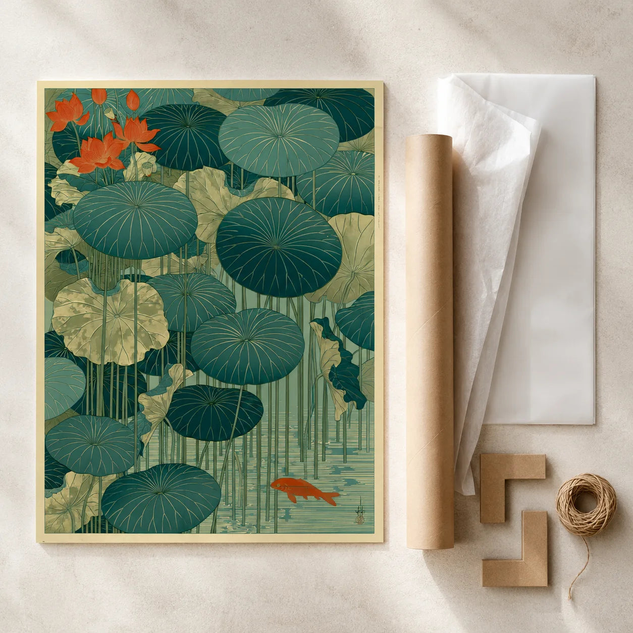 Japanese Lotus Pond Koi Wall Art Decor - Wall Art Decor - back view