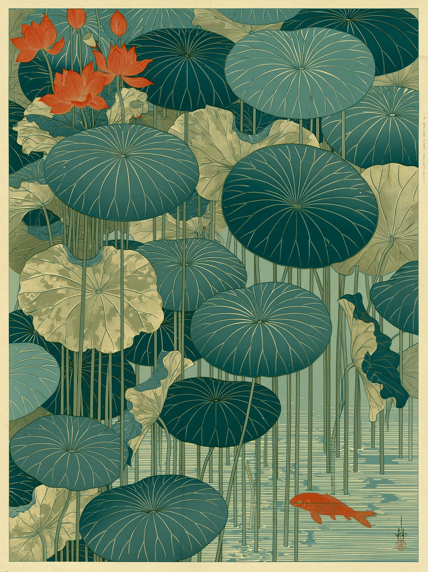 Japanese Lotus Pond Koi Wall Art Decor - Wall Art Decor - front view