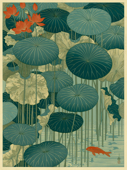 Japanese Lotus Pond Koi Wall Art Decor - Wall Art Decor - front view