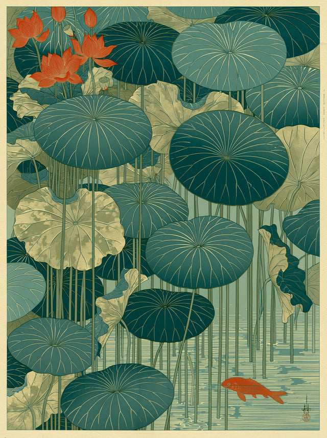 Japanese Lotus Pond Koi Wall Art Decor