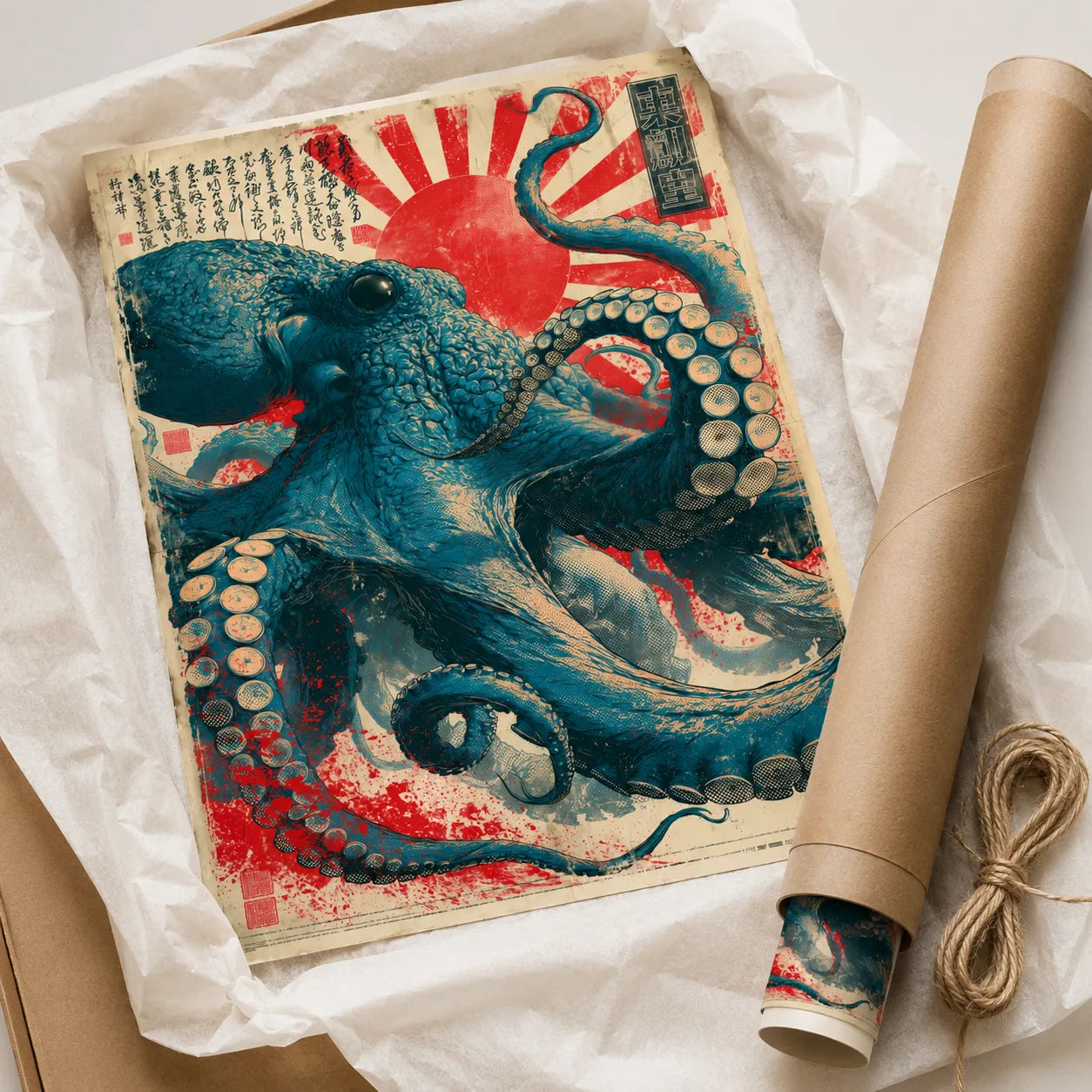 Japanese Octopus Rising Sun Wall Art Decor - Wall Art Decor - back view