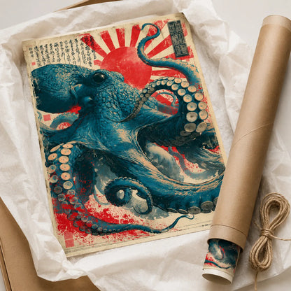 Japanese Octopus Rising Sun Wall Art Decor - Wall Art Decor - back view