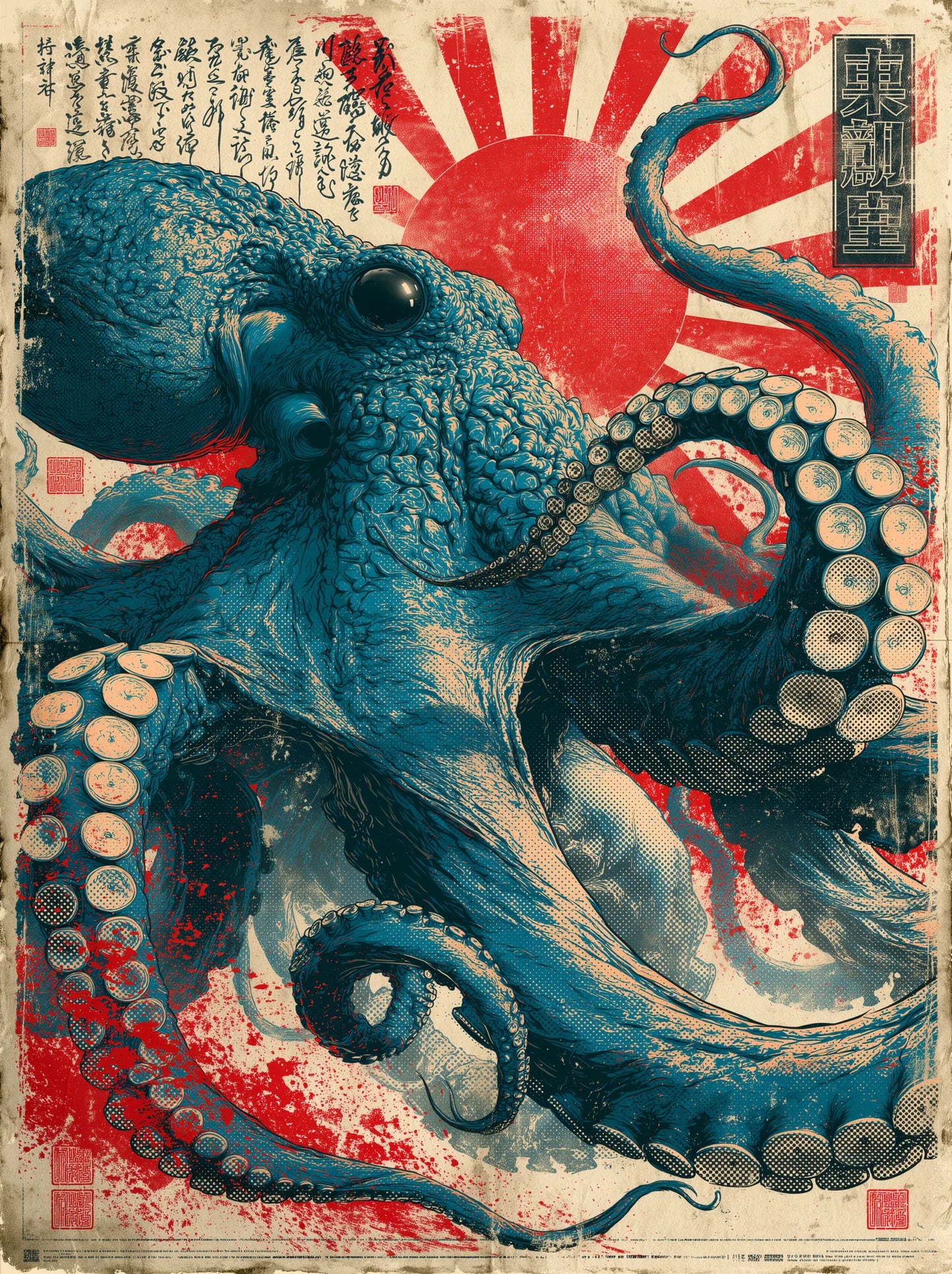 Japanese Octopus Rising Sun Wall Art Decor - Wall Art Decor - front view
