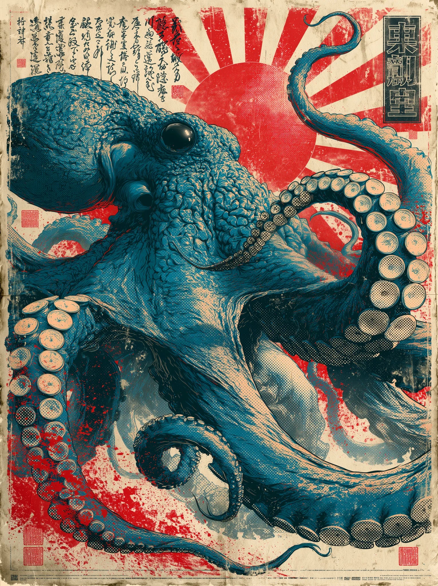 Japanese Octopus Rising Sun Wall Art Decor - Wall Art Decor - front view