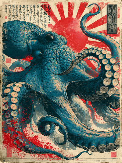 Japanese Octopus Rising Sun Wall Art Decor