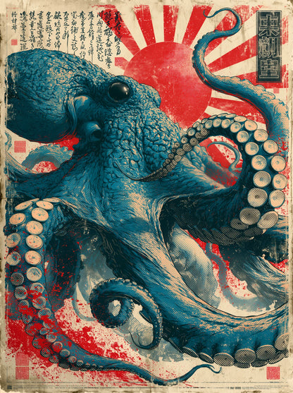 Japanese Octopus Rising Sun Wall Art Decor - Wall Art Decor - front view