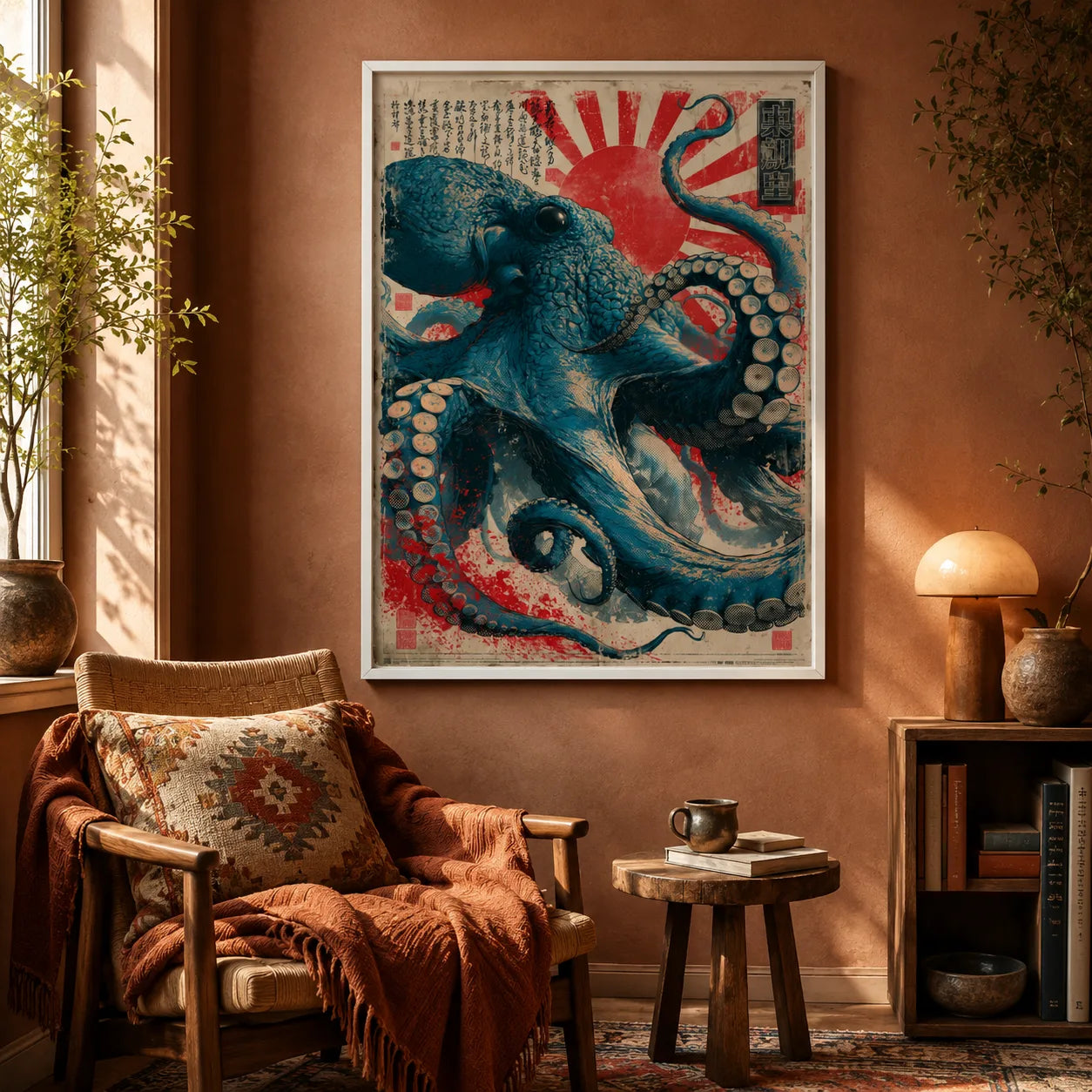 Japanese Octopus Rising Sun Wall Art Decor - Wall Art Decor - in use