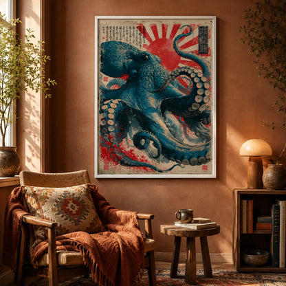 Japanese Octopus Rising Sun Wall Art Decor - Wall Art Decor - in use