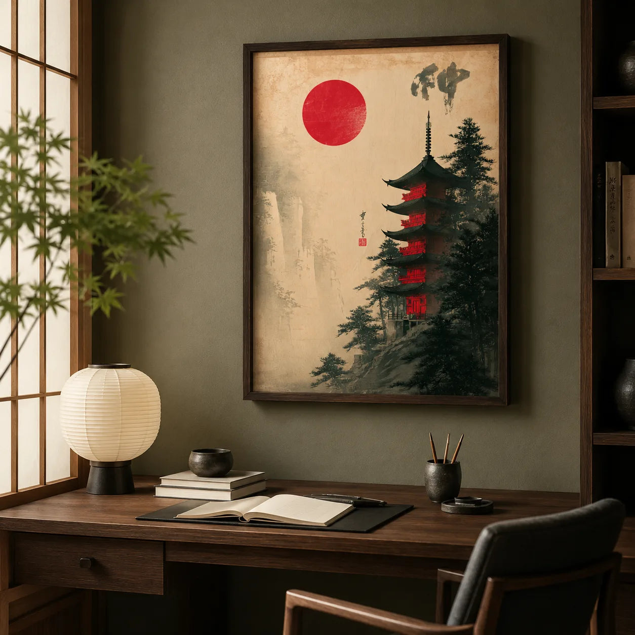 Japanese Pagoda Red Sun Wall Art Decor - Wall Art Decor - alternate angle