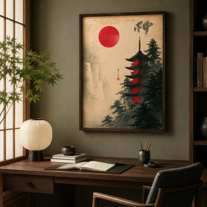Japanese Pagoda Red Sun Wall Art Decor - Wall Art Decor - alternate angle