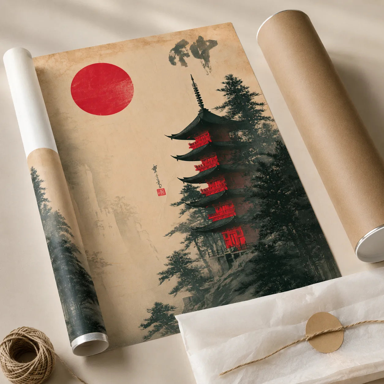 Japanese Pagoda Red Sun Wall Art Decor - Wall Art Decor - back view