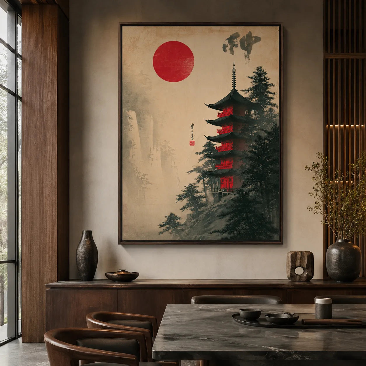Japanese Pagoda Red Sun Wall Art Decor - Wall Art Decor - close up