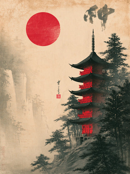 Japanese Pagoda Red Sun Wall Art Decor - Wall Art Decor - front view