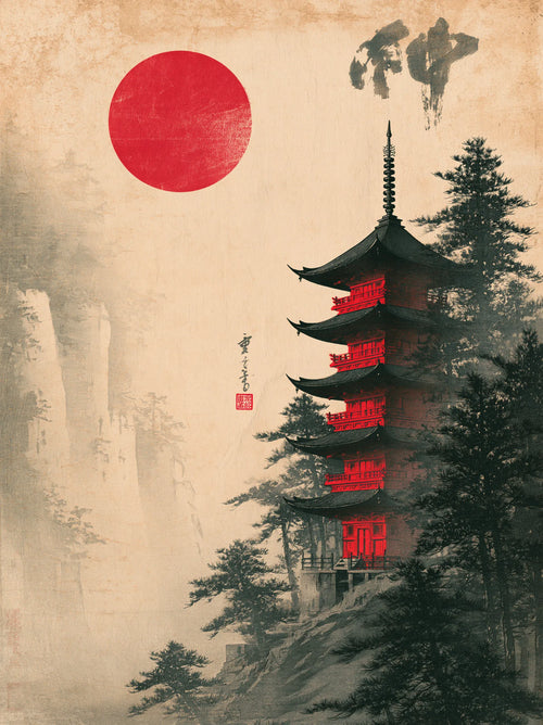 Japanese Pagoda Red Sun Wall Art Decor