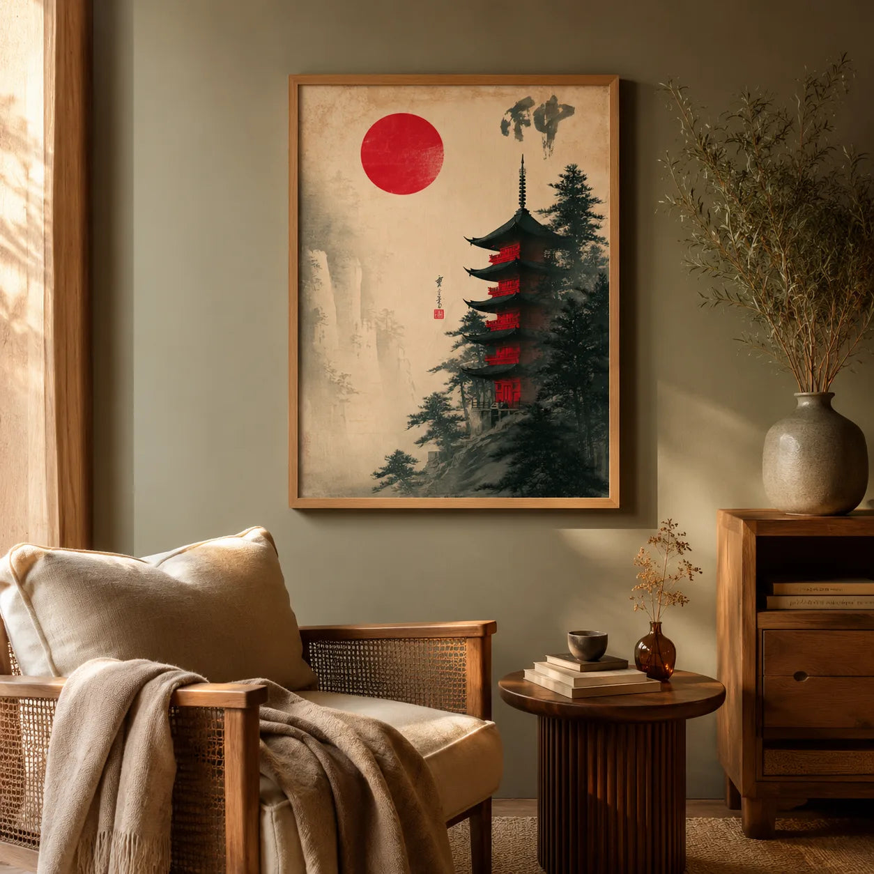 Japanese Pagoda Red Sun Wall Art Decor - Wall Art Decor - in use