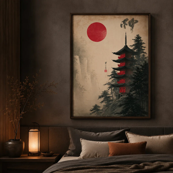 Japanese Pagoda Red Sun Wall Art Decor