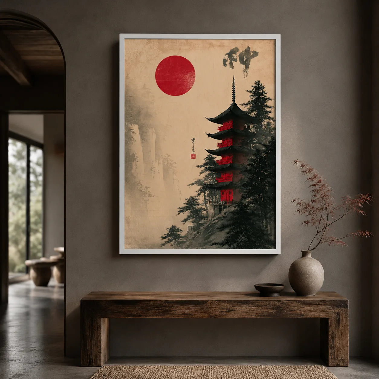 Japanese Pagoda Red Sun Wall Art Decor - Wall Art Decor - styled
