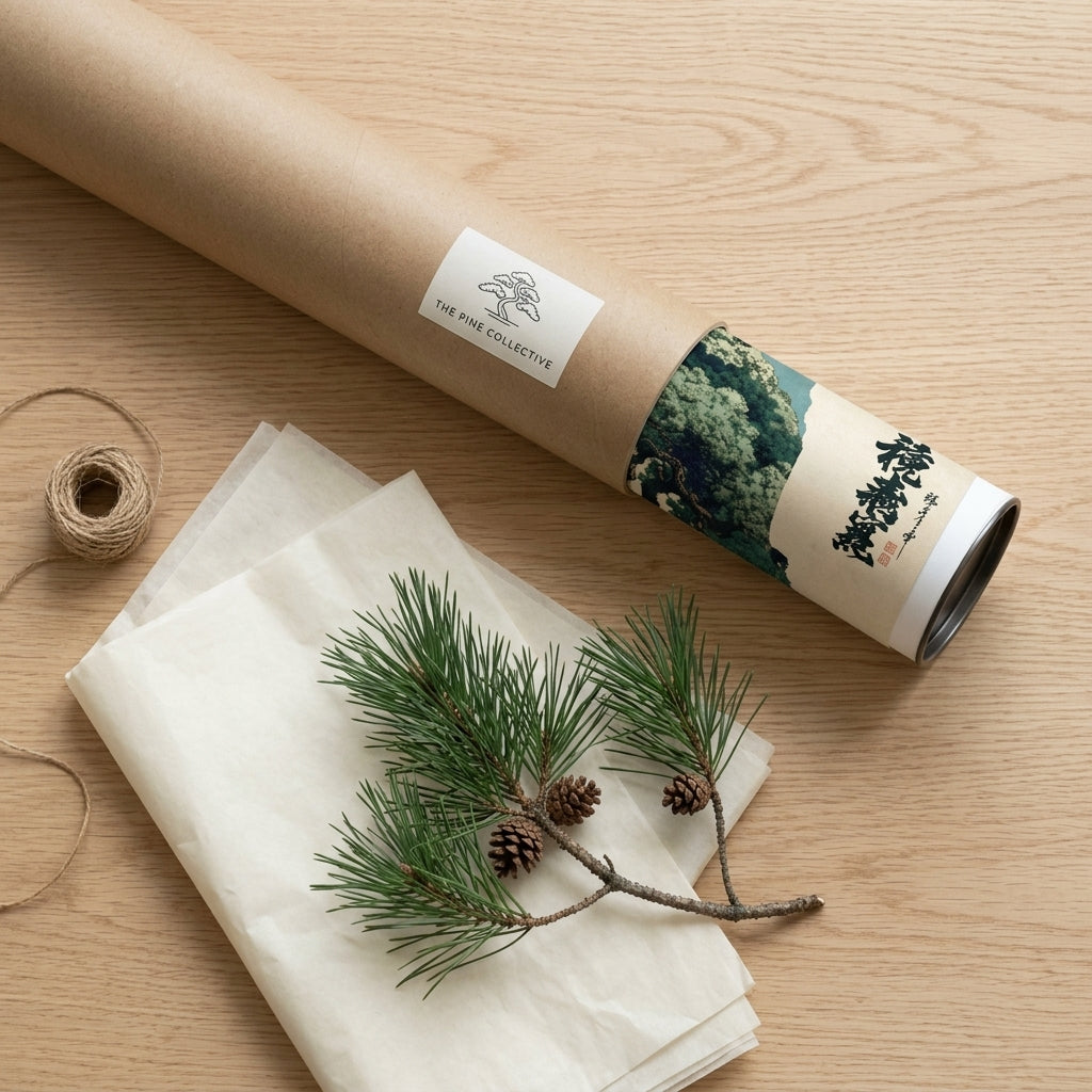 A kraft paper gift-wrapping tube labeled 'THE ART COLLECTIVE' lies diagonally on a light wood surface, alongside a folded sheet of cream tissue paper, twine, and pine branches with small pinecones.