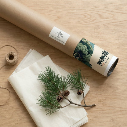 A kraft paper gift-wrapping tube labeled 'THE ART COLLECTIVE' lies diagonally on a light wood surface, alongside a folded sheet of cream tissue paper, twine, and pine branches with small pinecones.