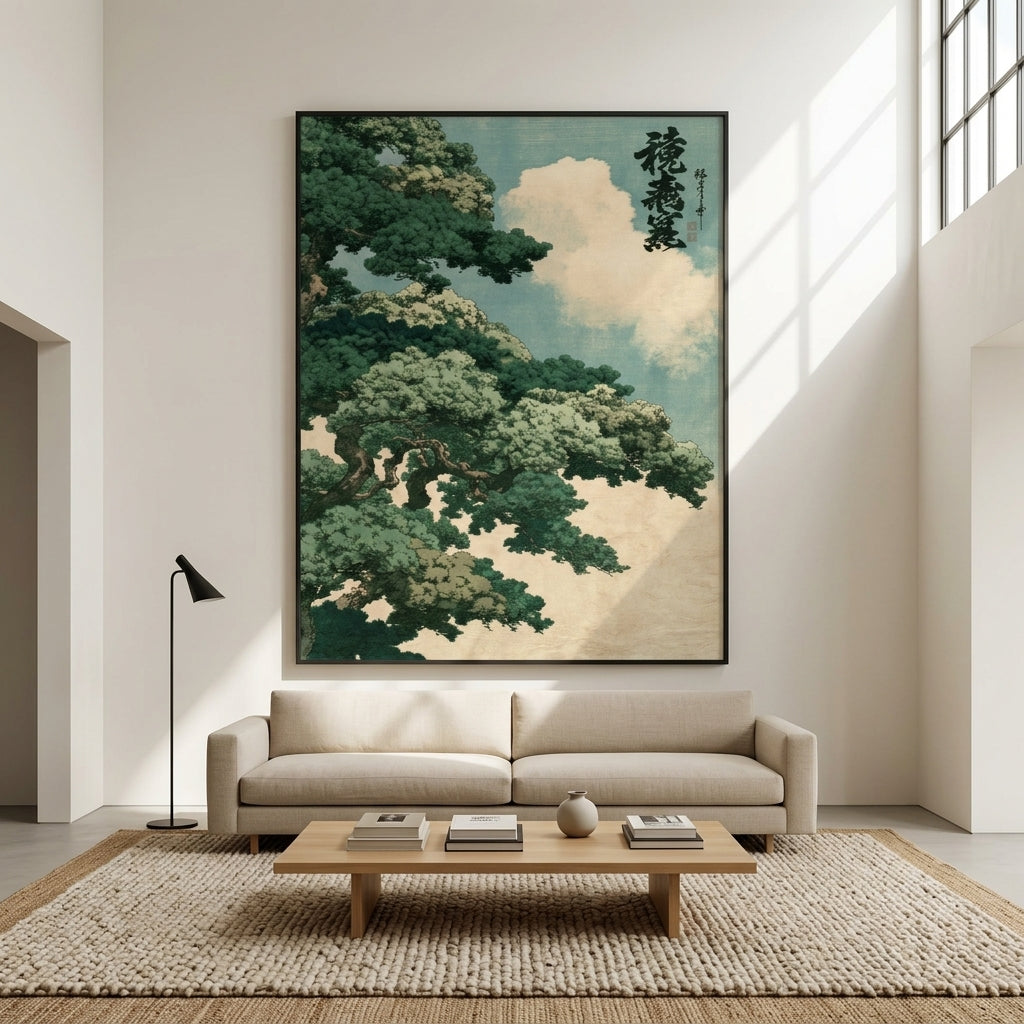 A large framed Japanese-style wall art print featuring a green tree and cream clouds hangs above a light beige sofa in a bright, modern living room with a wooden coffee table and woven rug.