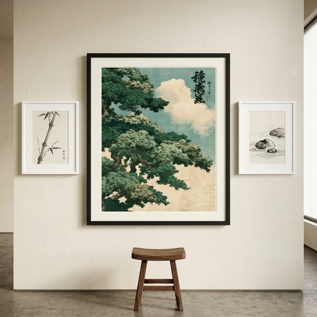 A framed Japanese-style art print depicting a green pine tree and clouds, displayed on a beige wall in a room setting with two smaller framed prints and a wooden stool below.