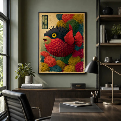 Japanese Pufferfish Floral Wall Art Decor - Wall Art Decor - alternate angle