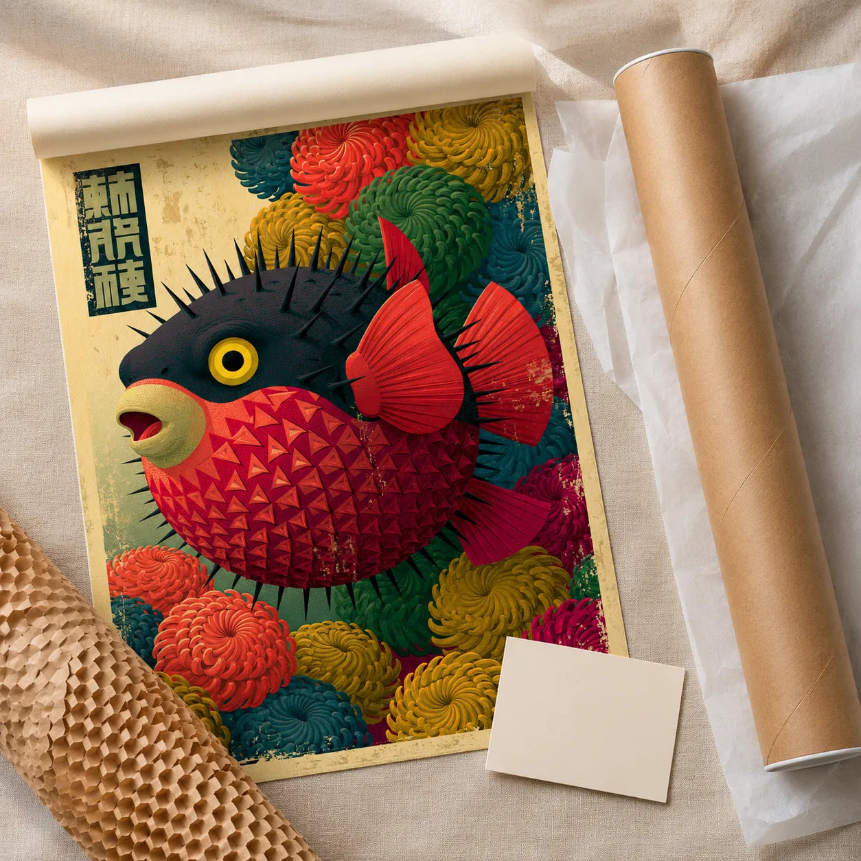 Japanese Pufferfish Floral Wall Art Decor - Wall Art Decor - back view