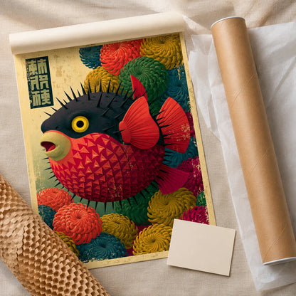 Japanese Pufferfish Floral Wall Art Decor - Wall Art Decor - back view