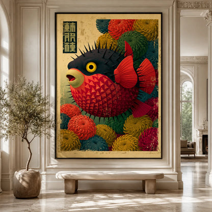 Japanese Pufferfish Floral Wall Art Decor - Wall Art Decor - close up