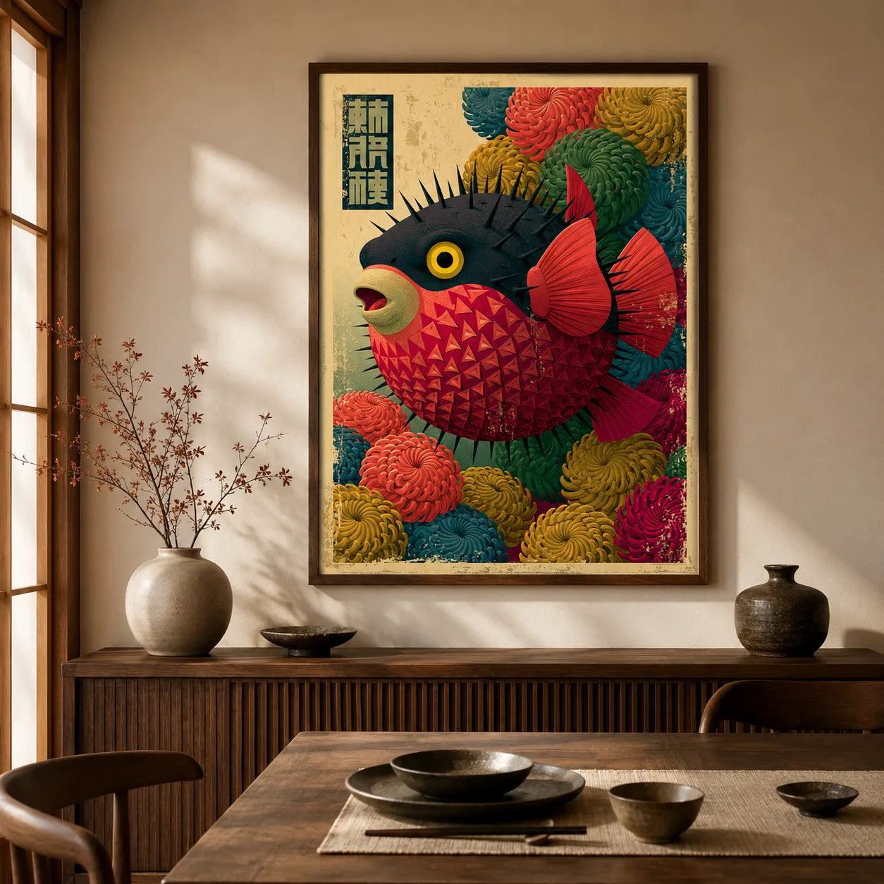 Japanese Pufferfish Floral Wall Art Decor - Wall Art Decor - detail