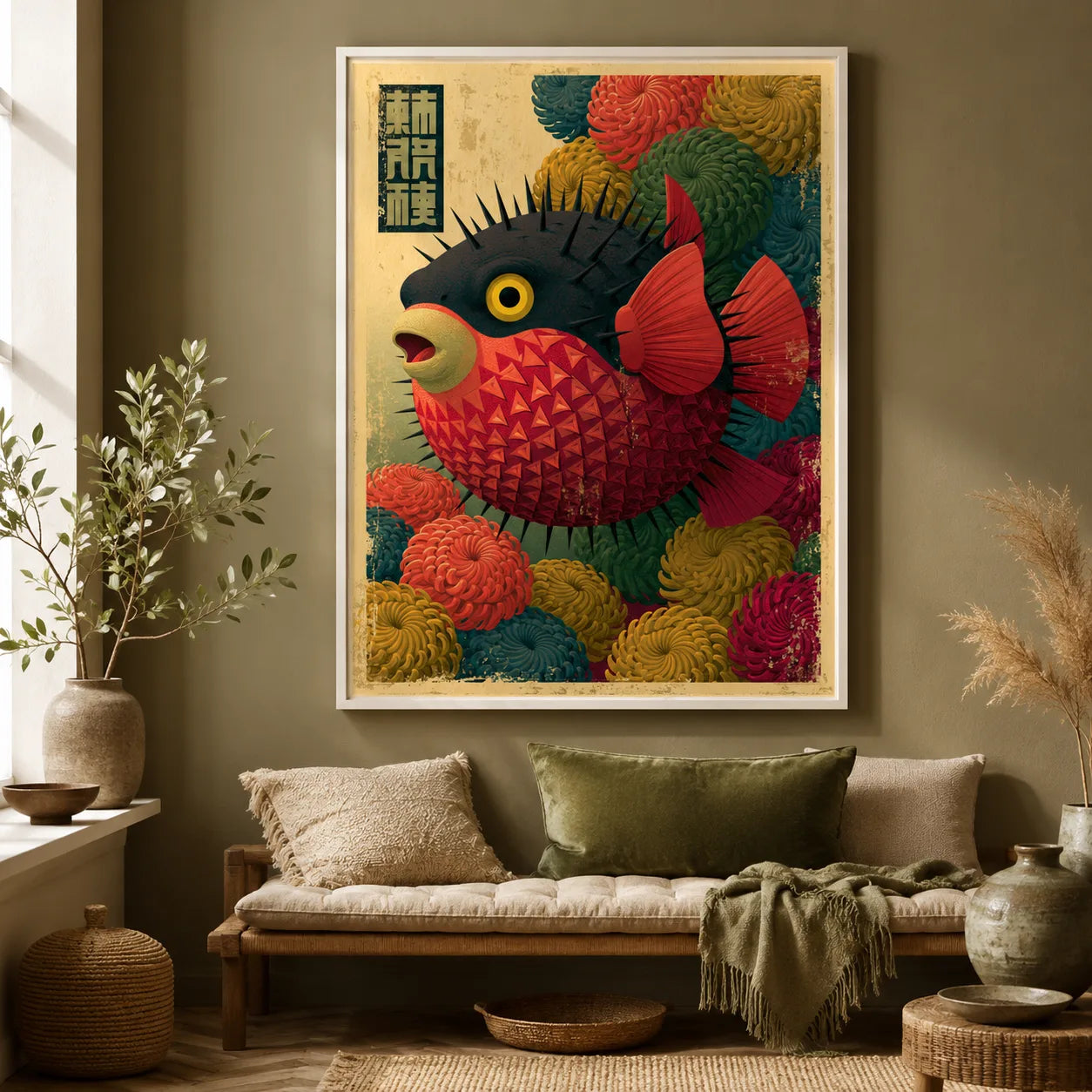 Japanese Pufferfish Floral Wall Art Decor - Wall Art Decor - in use
