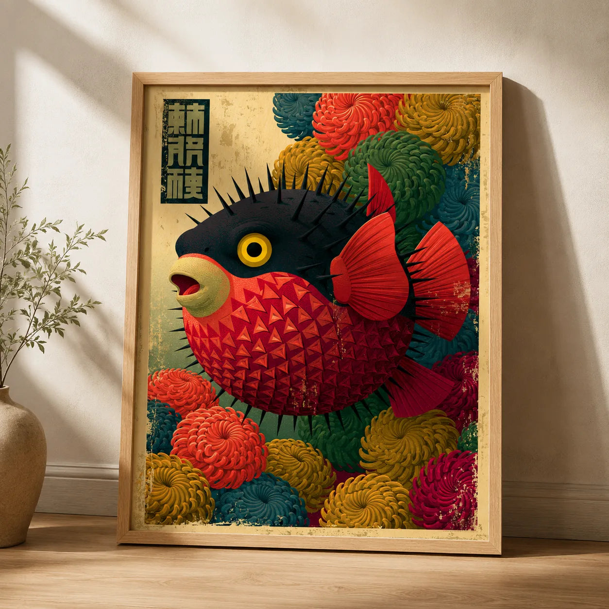 Japanese Pufferfish Floral Wall Art Decor - Wall Art Decor - side view