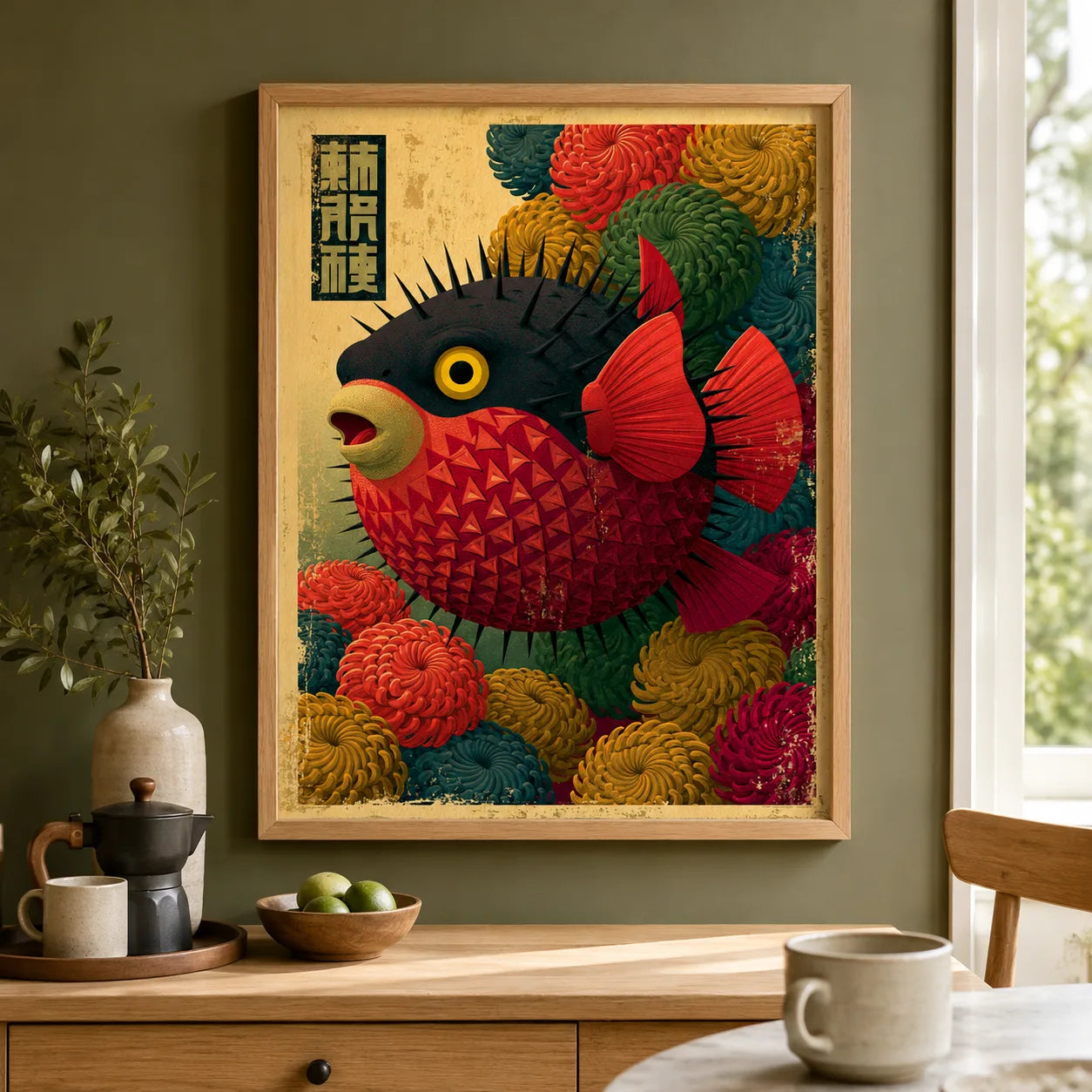 Japanese Pufferfish Floral Wall Art Decor - Wall Art Decor - styled