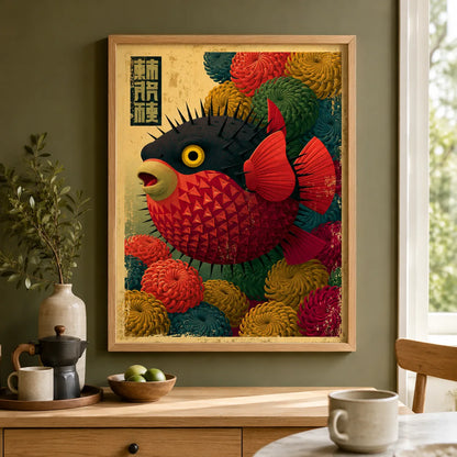 Japanese Pufferfish Floral Wall Art Decor - Wall Art Decor - styled