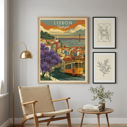 A framed Lisbon travel poster hangs on a light gray wall in a styled room with a woven chair, floor lamp, side table, books, and a small plant. Two additional framed prints are visible to the right.
