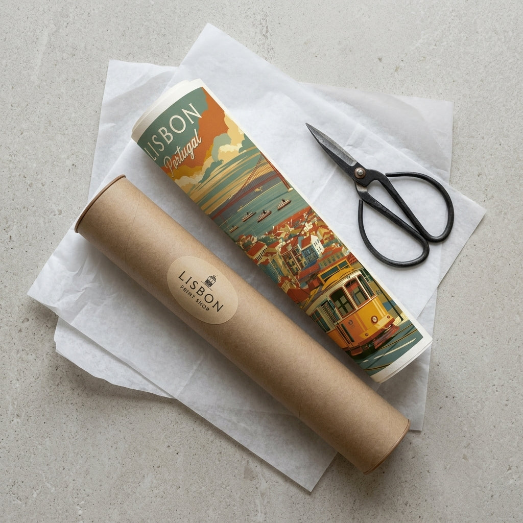A Lisbon travel poster print in a kraft cardboard tube, displayed with black-handled scissors on white tissue paper over a light gray textured surface.