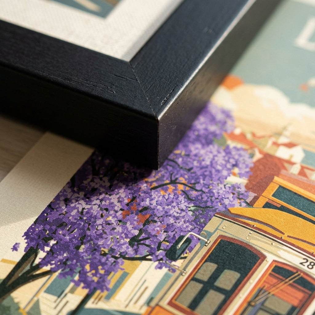 A close-up of a framed art print showing a colorful illustration of a street scene with purple flowering trees, buildings, and a yellow tram, partially covered by a black frame.