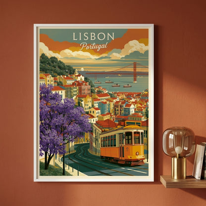 A framed vintage-style Lisbon, Portugal travel poster hangs on a terracotta wall above a small shelf with a glass lamp and books. The artwork shows a yellow tram, purple flowering trees, colorful buildings, boats on the water, and a suspension bridge under a teal sky.
