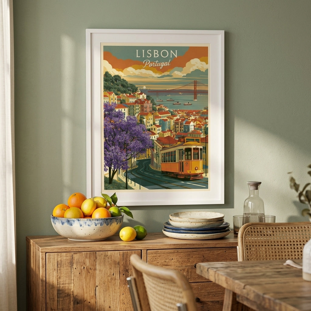 A framed vintage-style Lisbon travel poster hangs on a sage green wall above a wooden sideboard in a dining room. The poster depicts a yellow tram, purple flowers, and the Eiffel Tower over water, with the words 'LISBON Portugal' at the top.