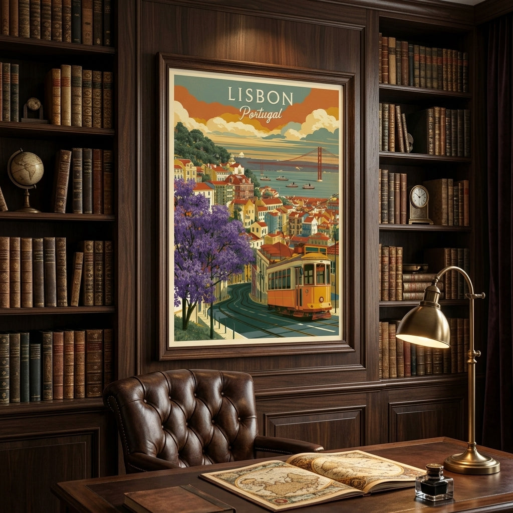 A framed vintage-style Lisbon travel poster hangs on a dark wood-paneled wall above a desk with an open book, ink bottle, and brass lamp. The room is filled with bookshelves and a leather chair.