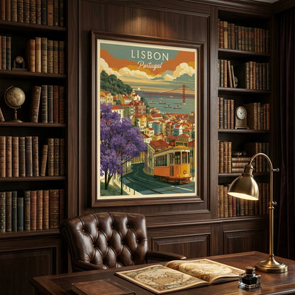 A framed vintage-style Lisbon travel poster hangs on a dark wood-paneled wall above a desk with an open book, ink bottle, and brass lamp. The room is filled with bookshelves and a leather chair.