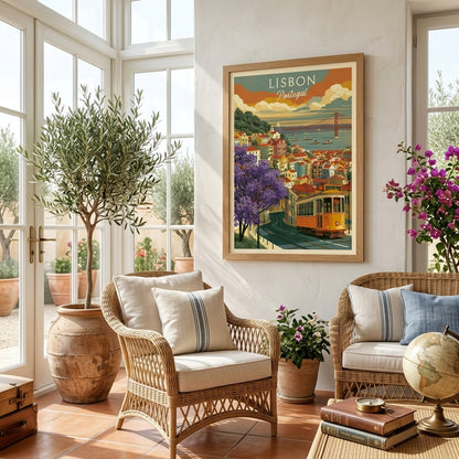 A framed vintage-style Lisbon travel poster hangs on a wall in a bright, sunlit room with wicker chairs, potted plants, and a globe. The poster depicts colorful buildings, a tram, and the text 'LISBON Portugal'.