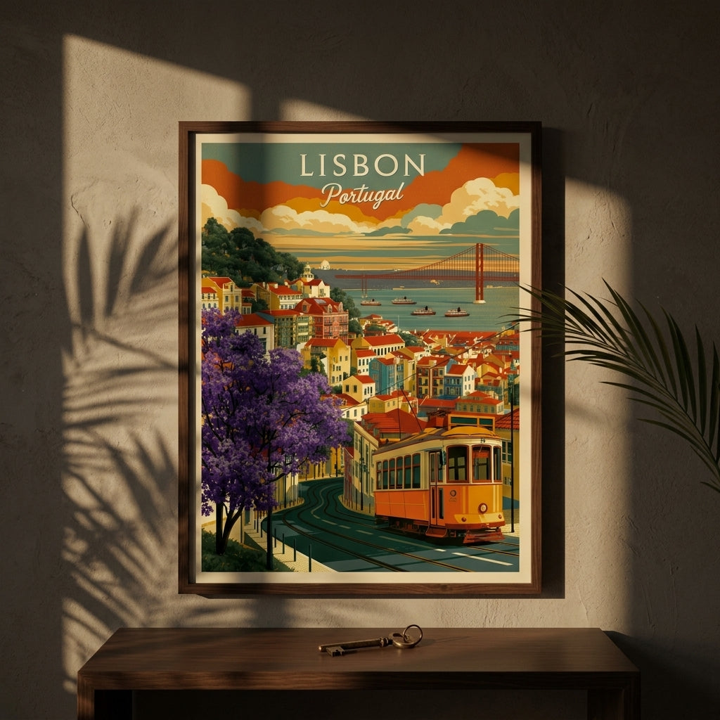 A framed vintage-style Lisbon, Portugal travel poster hangs on a textured wall above a wooden console table. The artwork shows a yellow tram, purple flowering trees, colorful coastal buildings, and a bridge over water, with the words 'LISBON Portugal' at the top.