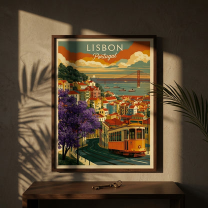 A framed vintage-style Lisbon, Portugal travel poster hangs on a textured wall above a wooden console table. The artwork shows a yellow tram, purple flowering trees, colorful coastal buildings, and a bridge over water, with the words 'LISBON Portugal' at the top.