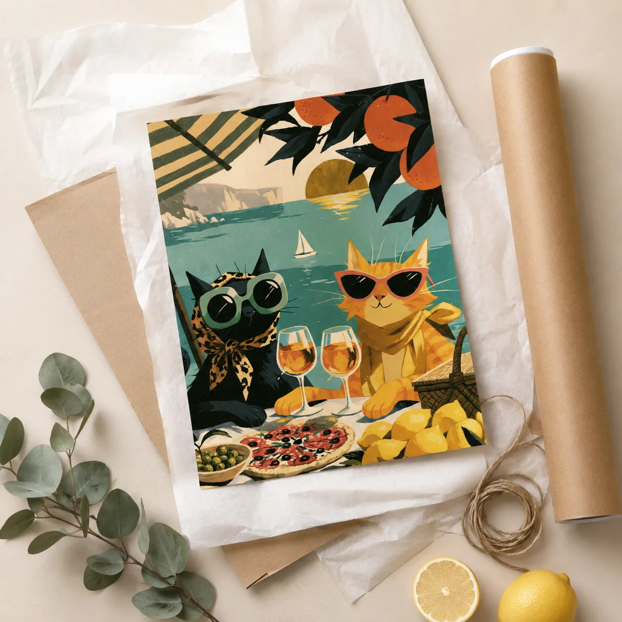 Mediterranean Cats Picnic Wall Art Decor - Wall Art Decor - back view