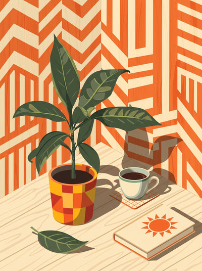 Mid-Century Plant and Coffee Still Life Wall Art Decor