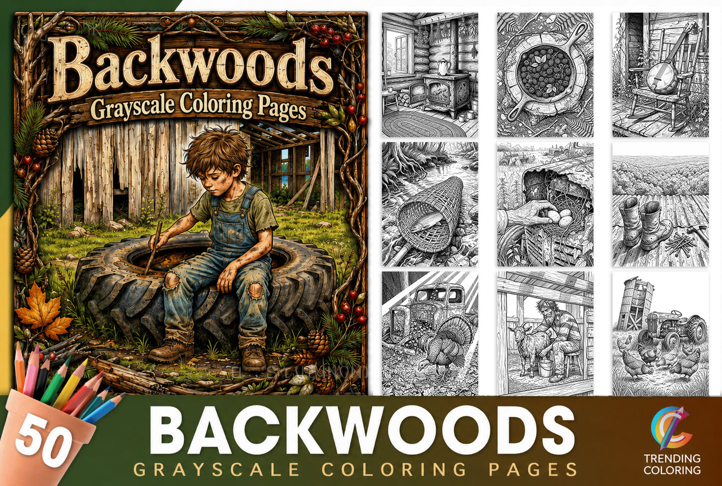50 Backwoods Grayscale Coloring Pages - PDF Download