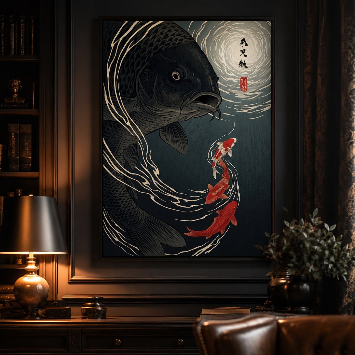Moonlit Black Koi Ukiyo-e Wall Art Decor preview 11