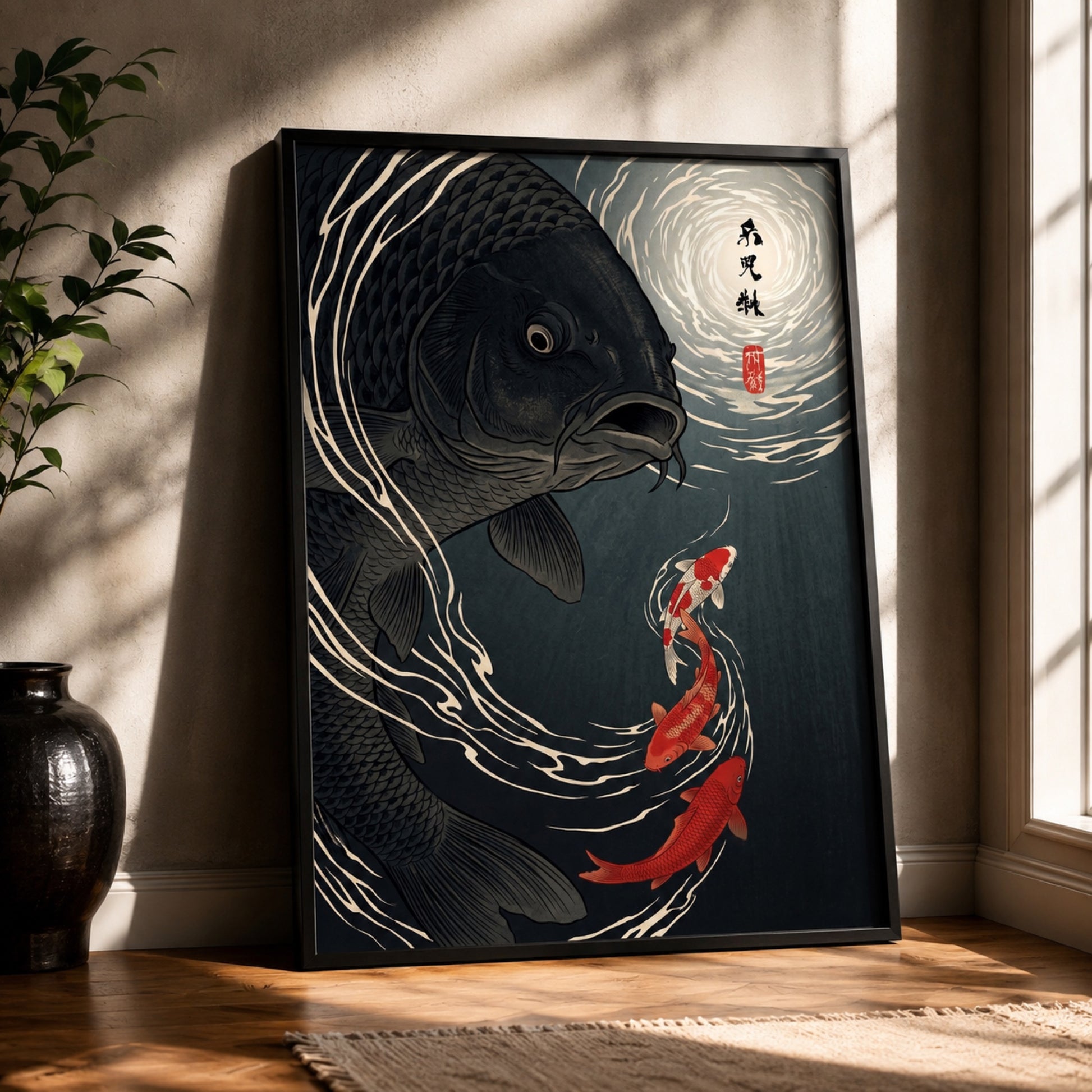 Moonlit Black Koi Ukiyo-e Wall Art Decor preview 2