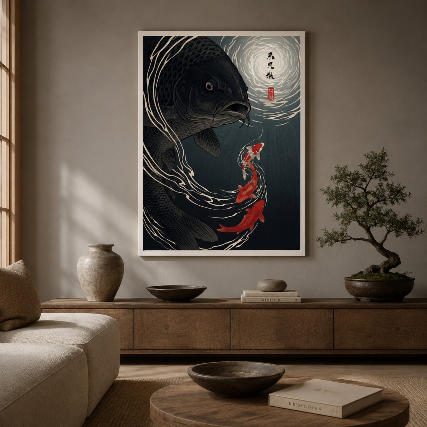 Moonlit Black Koi Ukiyo-e Wall Art Decor preview 3